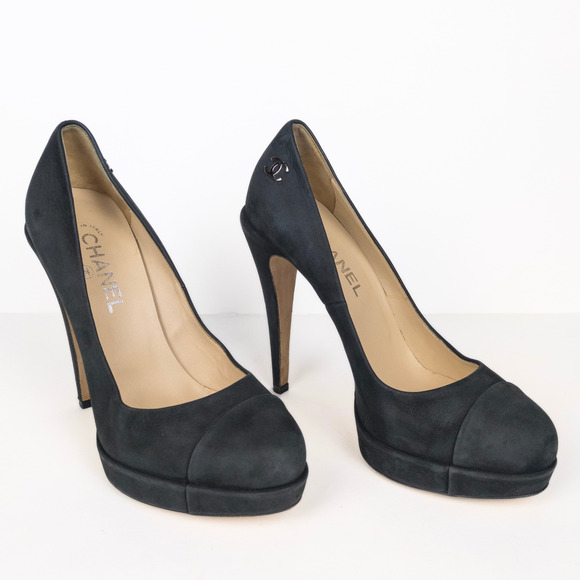 CHANEL Black Calfskin Leather Cap Toe CC Platform Pumps Women's FR 39.5 US 8.5 - Picture 2 of 11